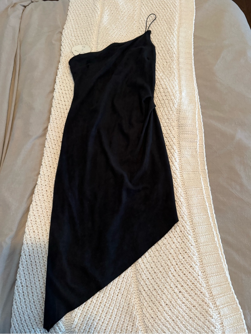 Olivaceous Black One-Shoulder Asymmetrical Slip Dress with Angled Hem